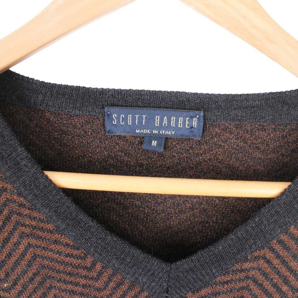 Scott Barber Merino Wool‎ V-Neck Sweater Brown Black Chevron Men's Medium - Picture 5 of 7